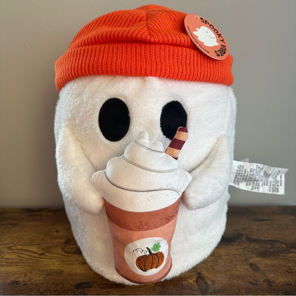 New Ghost Holding Pumpkin Spice Latte Orange Beanie Hat Pillow Autumn Fall